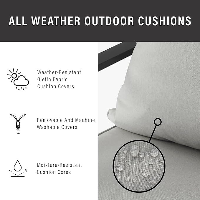 Urban Oasis Outdoor Metal 2-Piece Seating Set (Loveseat, Coffee Table), Matte Black with Gray Cushions - 50 x 72 x 33.25 in, Modern Patio Conversation Sets, Sturdy Steel Construction