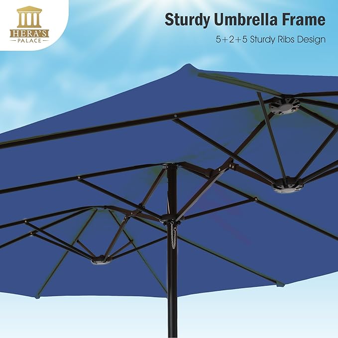 HERA'S PALACE Umbrella Patio Outdoor with Base 15ft Table Double Market Rectangle Umbrellas Clearance Large Included Stand for Deck Outside Pool Picnic Inground Yard Commercial, Haze Blue