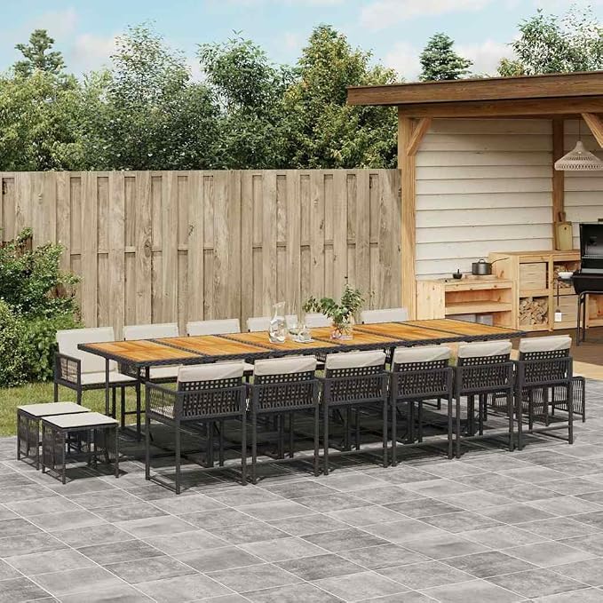 17-Piece Outdoor Dining Set, 16-Seater Garden Table and Rattan Chair Furniture for Patio Backyard Terrace, Weather Resistant Black and Cream White