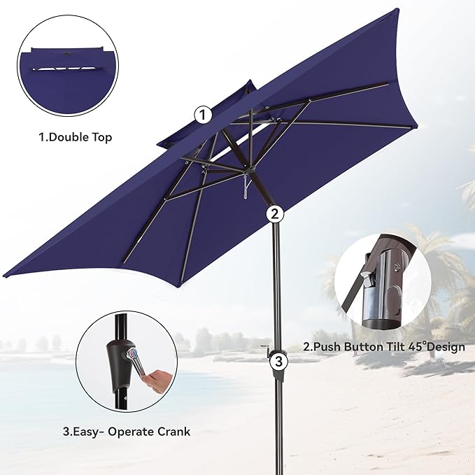 6.6 x 10 ft Rectangular Patio Umbrella, Outdoor Market Table Umbrella with Push Button Tilt and Crank, Double-Tier Vent, 6 Ribs, Rectangle Patio Umbrella for Backyard, Deck, Pool, Fits 4–6 Chairs and Tables (Navy)