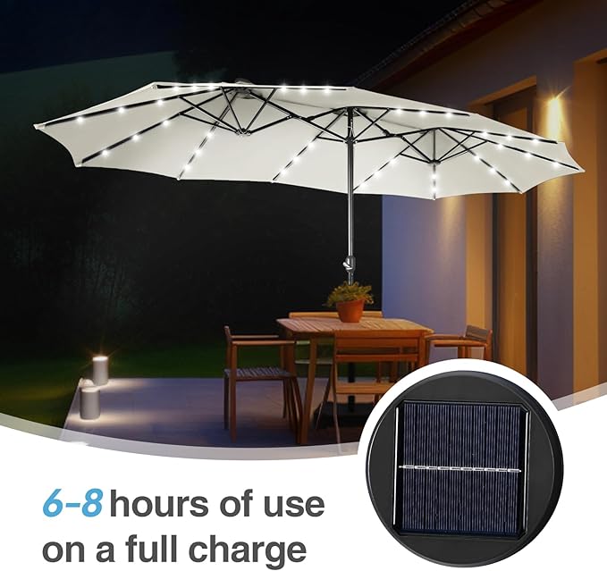 GREEN PARTY 15 ft Large Outdoor Patio Umbrella with Solar Led Lights & Base Included, Double-Sided Rectangular Table Umbrella with Stand, Market Umbrellas for Deck Poolside Garden Backyard, Ivory