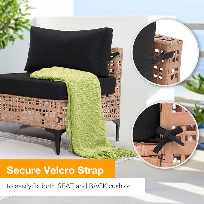 Patiorama 7 Piece Wicker Patio Furniture Set, Natural-Colored PE Rattan Outdoor Conversation Set Sectional Sofa with Water Resistant Cushion and Glass Table, Outdoor Couch, Porch, Backyard-Black