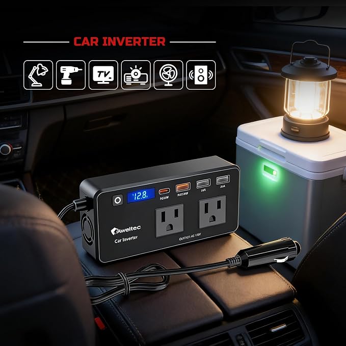200W Power Inverter for Car – DC 12V to 110V AC Converter with LED Display & 4 USB Ports (24W PD USB-C) – Compact Vehicle Adapter for Laptop, Tablet, Phone – Road Trip Essential