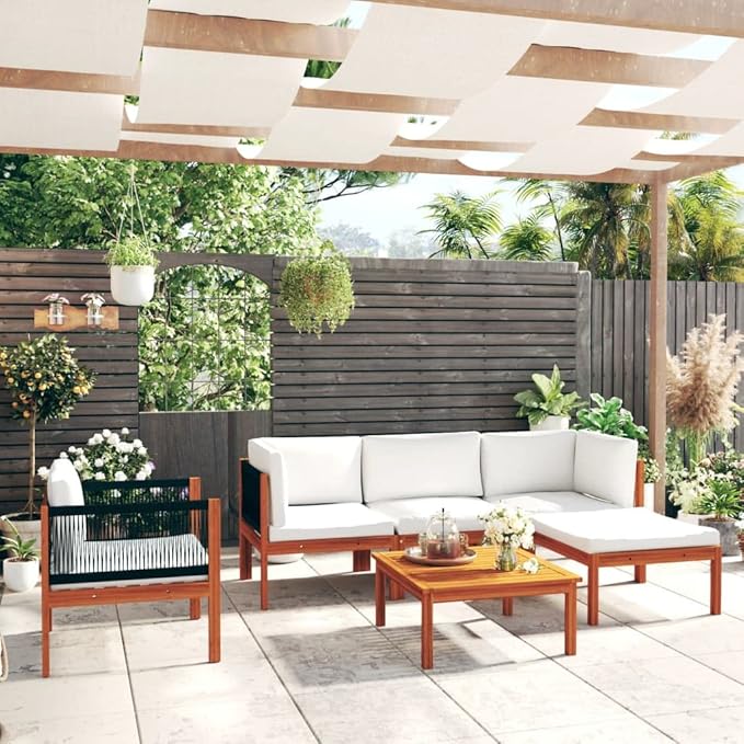 Patio Lounge Set with Cushions,Outdoor Patio Furniture,Outdoor Chat Conversation Set,for Patio,Backyard,Garden,Outdoor,6 Piece Cream Solid Acacia Wood