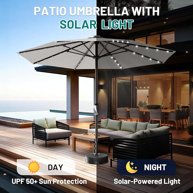 AreShark 12FT Large Patio Umbrella with Solar Lights, Solar Powered Outdoor Umbrella with Crank, Patio Table Market Umbrellas for Garden, Deck, Backyard, Pool and Beach, Light Gray