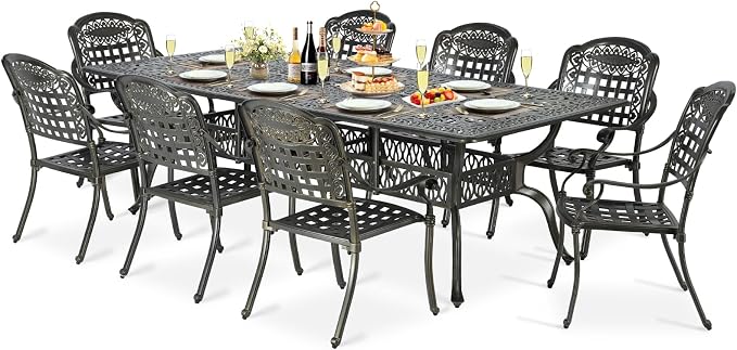 9-Piece Patio Cast Aluminum Dining Set, Outdoor Table and Chairs Set for 8, Includes 94.5" Rectangular Dining Table and 8 Chairs with Umbrella Hole, Patio Furniture Set for Lawn Garden