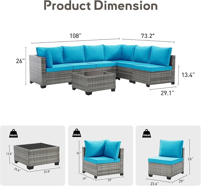 Bonzy Home 7 Pieces Outdoor Patio Furniture Set, PE Rattan Outdoor Sectional Furniture Sofa Set with Removable Cover and Glass Coffee Table, Patio Sofa for Balcony, Porch, Garden, (Grey-Turk Blue)