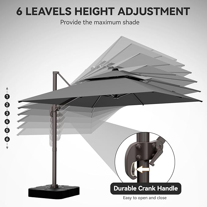 GENTEACO 10X10 FT Cantilever Umbrella with Base Included, Large Offset Patio Umbrella with Double Top, 6 Angle Tilts & 360° Rotation, Large Square Sun Umbrellas for Outdoor Pool Market, Grey