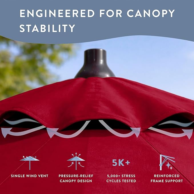 California Umbrella 10-Year Protection 9 Ft Outdoor Patio Umbrella, Pacifica Fade-Resistant Fabric, Auto-Tilt, Heavy Duty Aluminum Frame, 8 Reinforced Ribs for Pool or Deck, Bronze Pole, Red