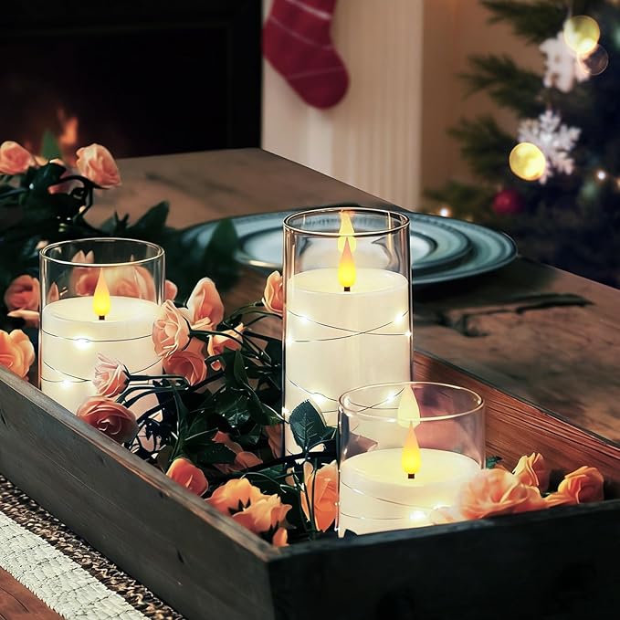 Homemory Flameless Candles with Embedded Star String Fairy Lights, Battery Operated Candles, LED Candle, Fake Candles with Remote Control and Timer, White, Set of 3(H 4" 5" 6”)