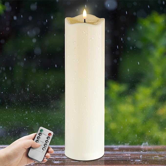 4" x14" Outdoor Candles with Timer Waterproof Large Flickering Flameless Candles with Remote Plastic Tall Pillar Candles for Indoor Outdoor Use, Ivory 1Pack