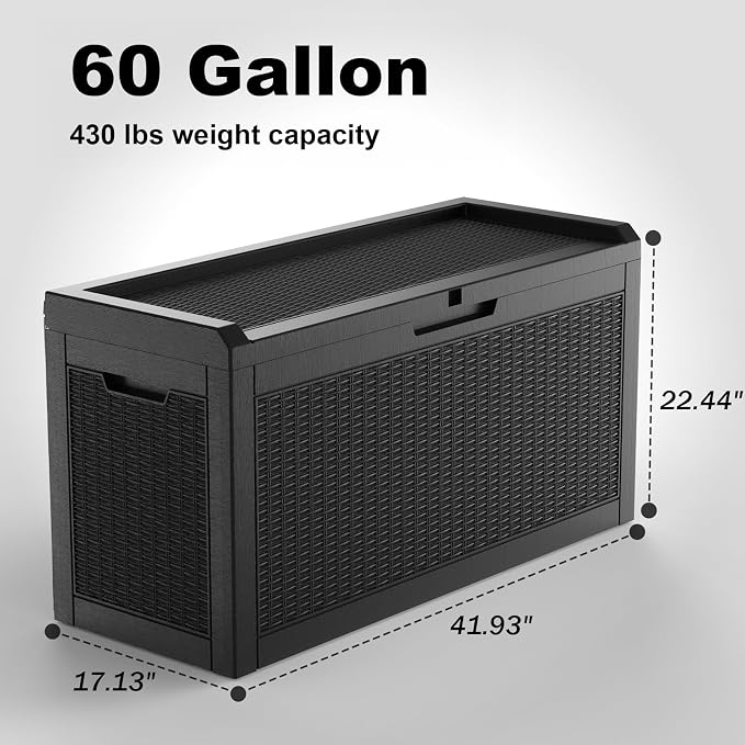 Vixzen 60 Gallon Outdoor Deck Box, Lockable Waterproof Storage Box, Resin Outdoor Storage Bench for Gardening Tools, Pool Supplies (Black, 60 Gallon)