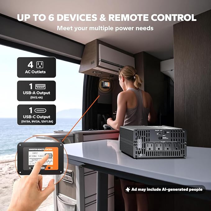 LiTime 2000W Pure Sine Wave Inverter 12V DC to 120V AC Converter with Remote Control, Surge 4000W, Built-in 4 AC Outlets, USB Port, Type-C Port for Home, RV, Camping, Off-Grid, Solar Power