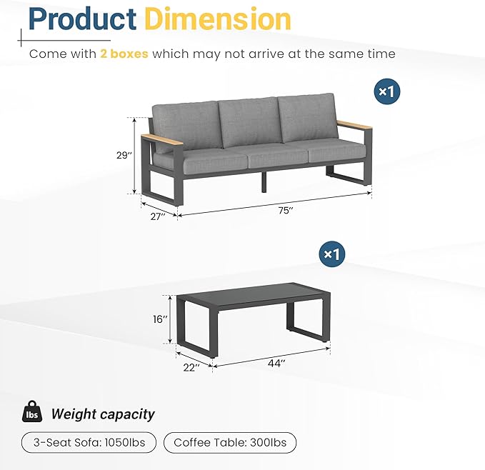 RoyalCraft Aluminum Outdoor Patio Furniture Set with Height-Adjustable Footrest, 3-Seats All-Weather Patio Sofa Sets with Coffee Table for Porch Backyard Garden Patio, Grey