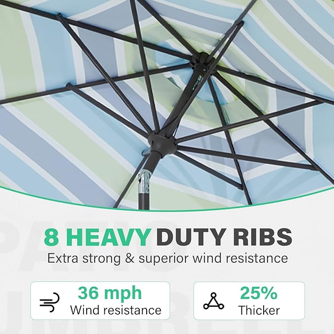 JEAREY 9 FT Patio Umbrella Outdoor, Table Umbrellas Market Umbrella w/Push Button Tilt/Crank, 8 Sturdy Ribs(Blue Green Striped)