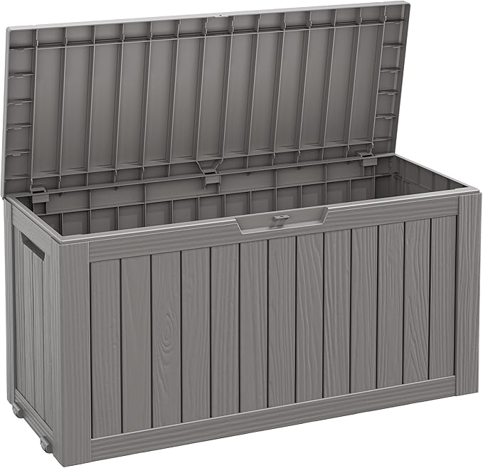Fancyango 75 Gallon Outdoor Deck Box Waterproof, Large Storage Box for Patio, Resin Storage Bench Lockable for Garden Tools, Package Delivery, Grey