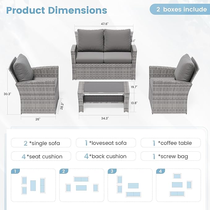 Amopatio 4 Piece Outdoor Wicker Patio Furniture Set, PE Rattan Sectional Sofa with Thick Cushions & Tempered Glass Table, Weather-Resistant Patio Conversation Sets for Balcony, Backyard, Grey