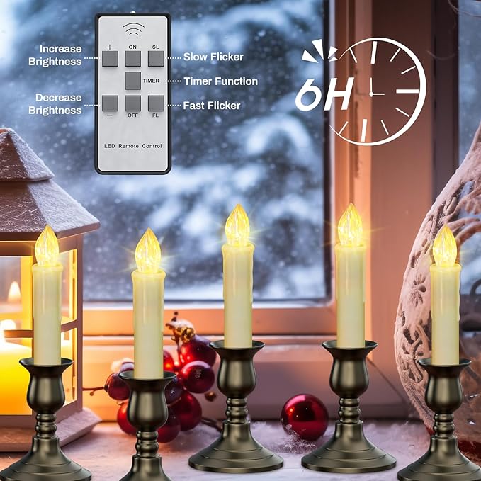 PChero Christmas Window Candles, 10pcs Large Size Battery Operated LED Flameless Taper Candles with Timer, Last up to 200 Hours, Ideal for Home Indoor Outdoor Holiday Decorations