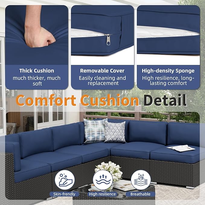 Oakcloud 7-Piece Outdoor Patio Furniture Sofa Set Black Rattan Wicker Sectional Conversation Sets with Glass Top Table and Cushions(Dark Blue)