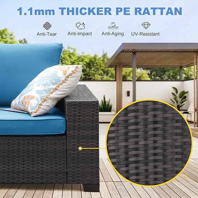Patio Furniture Set, 8 Pieces Outdoor Couch Sofa with Wider Armrests & Glass Coffee Table, Outdoor Sectional Furniture with Thick Cushions for Party, Poolside,Garden-Peacock
