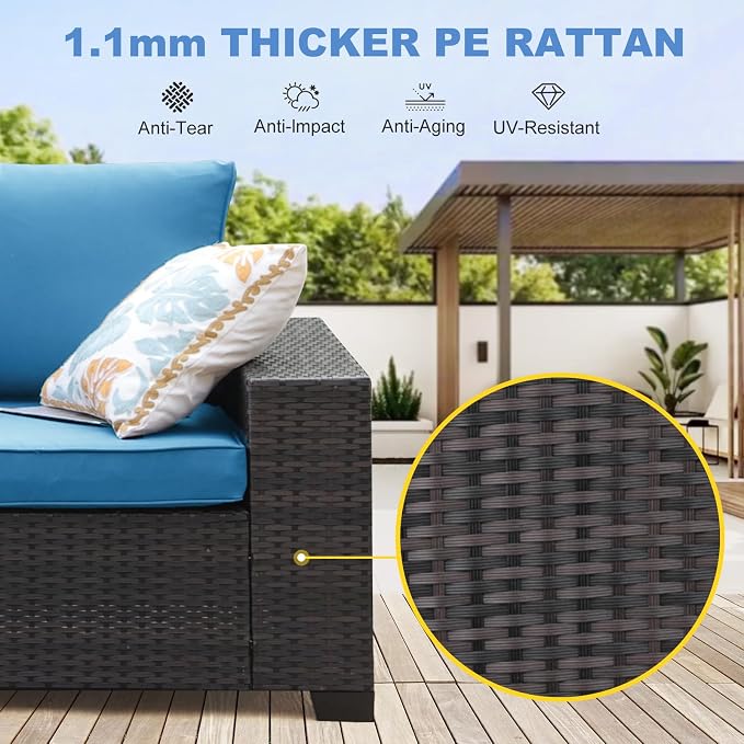 5 Pieces Outdoor Patio Furniture Set, Wicker Conversation Sets with Tea Table, Rattan Patio Sofa with Thick Cushions for Garden, Backyard, Poolside, Party, Peacock