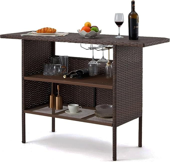 ECOTOUGE Patio Wicker Bar Table, Outdoor Rattan Counter Table with Steel Storage Shelves & Wine Rack for Party, Picnic (Brown)