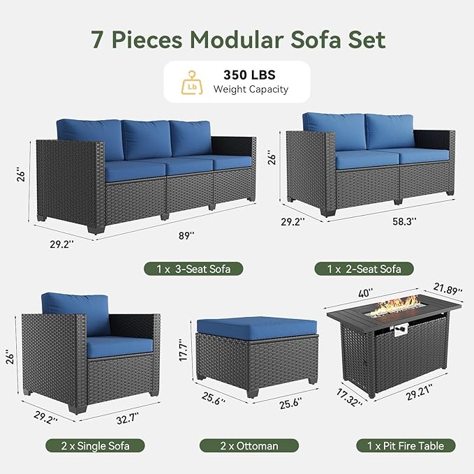Aoxun 7 Piece Patio Furniture Set with Fire Pit Table, 9 Seats Outdoor Furniture Set with Wicker Ottomans, Rattan Outdoor Sectional Sofa with Thickened Cushion & Waterproof Cover Navy Blue