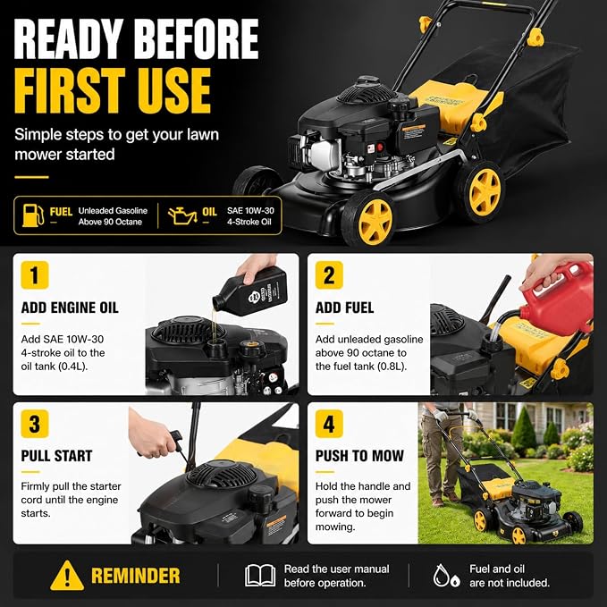 16-Inch Gas Lawn Mower, Push Walk-Behind Lawn Mower with 132cc 4-Stroke Air-Cooled Engine, 8-Position Height Adjustment, 45L Grass Bag, Black Yellow (MAX)