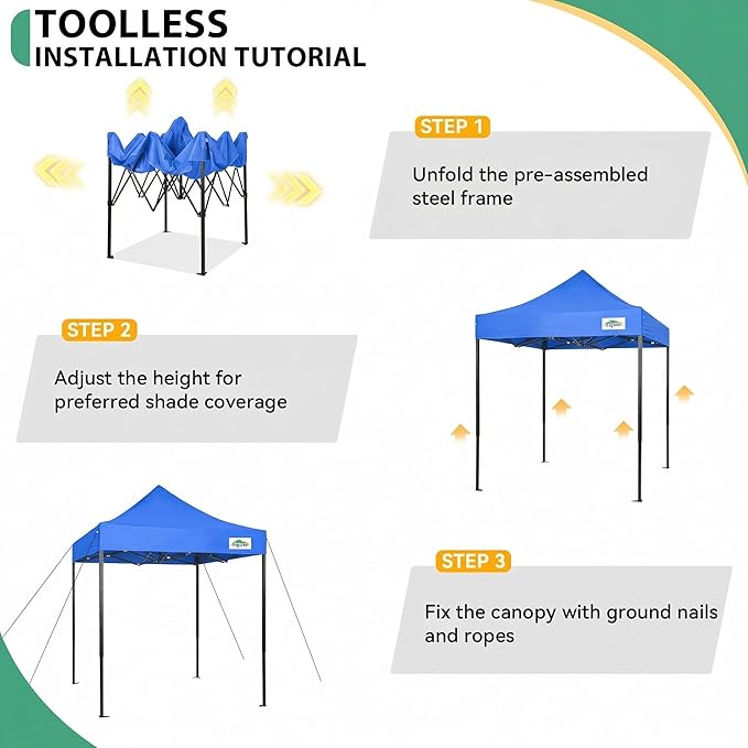 COBIZI 6.6x6.6 Pop up Canopy Tent Heavy Duty Without Sidewalls, Easy Set-up Commercial Outdoor Party Tent, 100% Waterproof Wedding TGazebo, 3 Height Adjustable with Carry Bag, Blue