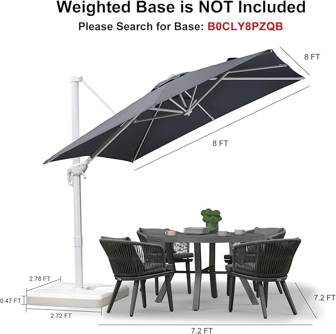 PURPLE LEAF 8 FT Patio Umbrella White Cantilever Umbrella Aluminum Square Outdoor Offset Umbrella Hanging Windproof with 360° Rotation for Garden Deck Pool, Light Grey