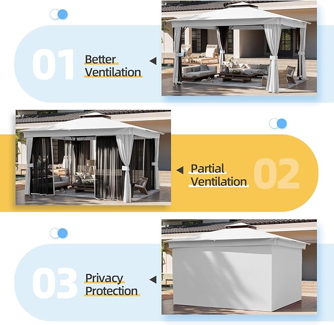 MELLCOM 10'x13' Outdoor Gazebo for Patio, White, Heavy Duty Party Tent with Double Roofs, Outdoor Canopy with Curtains and Nettings for Deck, Lawn and Backyard