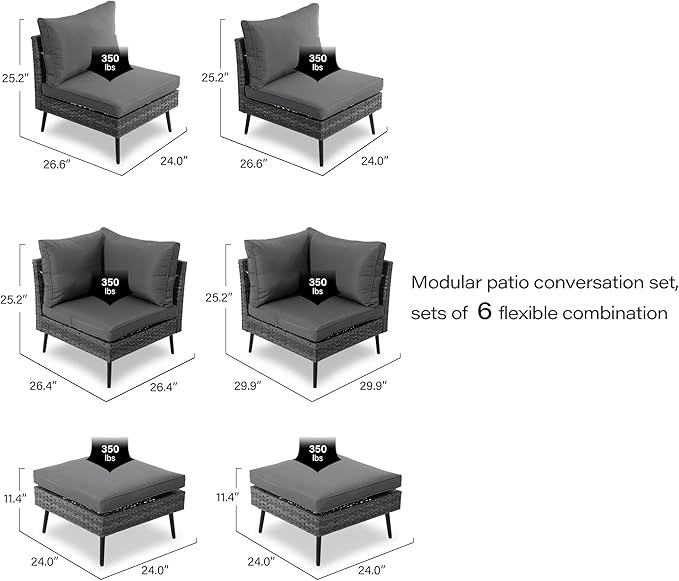 LAUSAINT HOME 6-Piece Patio Conversation Set, Modular Outdoor Sofa with Thick Cushions, All-Weather PE Rattan Sectional Seating for Garden, Backyard & Deck, Grey