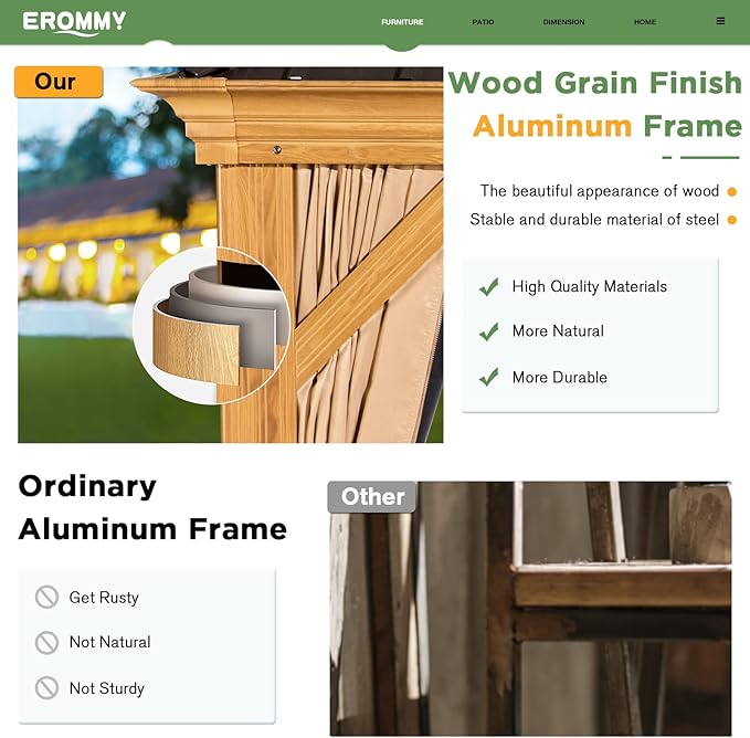 EROMMY 10'x12' Hardtop Gazebo, Wooden Finish Coated Aluminum Frame Canopy with Galvanized Steel Roof, Outdoor Metal Gazebo with Curtains and Nettings for Patio, Backyard, Deck and Lawns