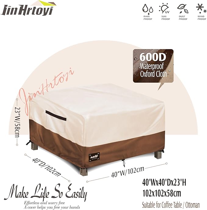 JinHrtoyi Patio Square Table Cover,40Wx40Dx23H Inches 100% Waterproof Heavy Duty Outdoor Coffee Table Cover,Beige&Brown Modern Style Outdoor Furniture Covers