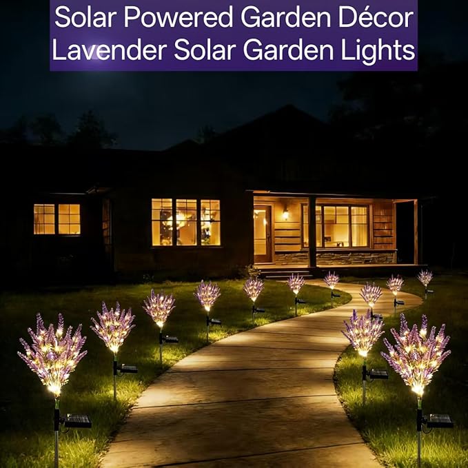 Solar Lavender Flowers Lights, 2 Pack Warm White Outdoor Waterproof Artificial Flower Garden Décor for Yard Pathway Patio Lawn, Mothers Day Gift, Fathers Day Halloween Gifts(56-Light LED)