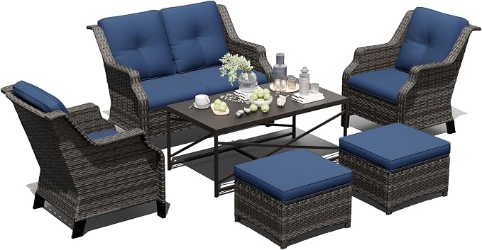 Outdoor Patio Furniture Set, 6 Piece Wicker Patio Furniture with Thick Cushions, Curved Armrest, Deep Seating, Rattan Outdoor Chairs for Porch, Deck, Balcony