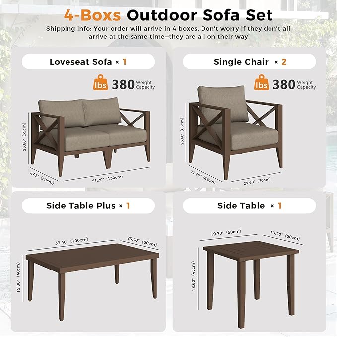 Aluminum 4-Seats Outdoor Patio Furniture Set, Sectional Conversation Sofa Set with 5.2" Thick Cushions & Coffee Tables,Rust-Resistant Frame Seating Sofa for Porch, Garden, Backyard, Brown