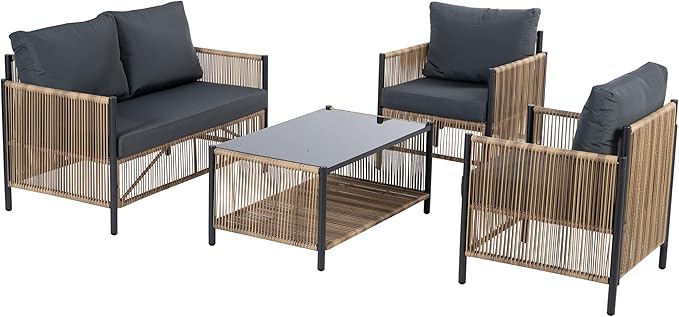 LUMISOL 4 Piece Patio Furniture Set, Outdoor PE Wicker Sofa Set with a Coffee Table and Removable Cushions, All Weather Patio Conversation Set for Patio, Garden, Backyard, Brown+Grey