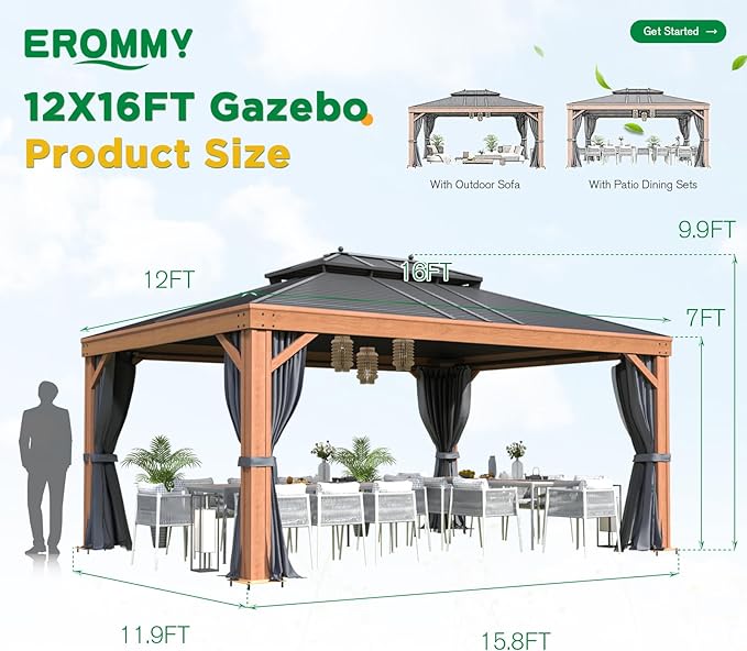 EROMMY 12' x 16' Hardtop Gazebo Outdoor Aluminum Wood Grain Gazebos with Galvanized Steel Roof and Mosquito Net for Patios, Deck, Backyard, Curtains&Netting