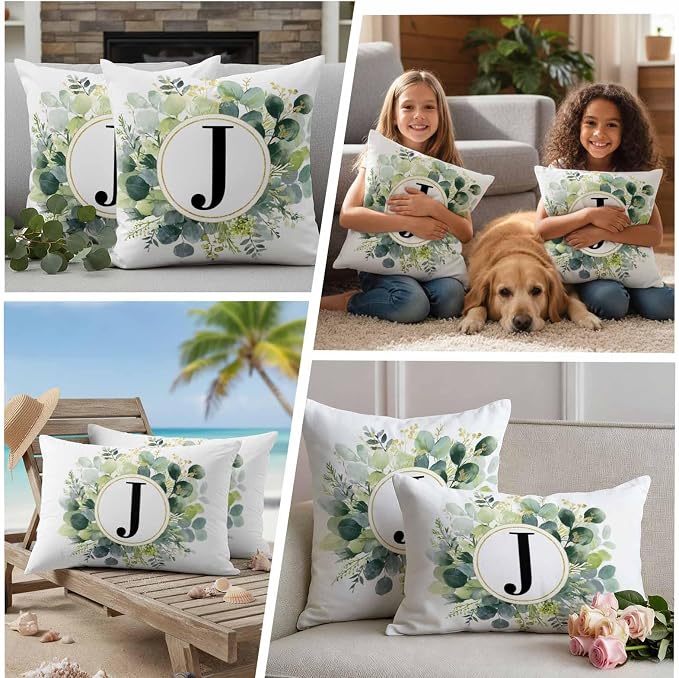 Letter J Waterproof Outdoor Pillow Covers Set of 2 Home Decor, Alphabet Green Eucalyptus Leaves Pillowcase Patio Pillow Covers for Couch Bench Patio Furniture Garden 18x18in