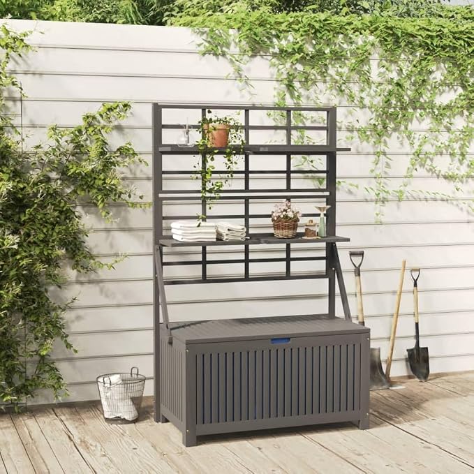 Large Garden Tool Storage Box with Built-in Trellis, Rustic Outdoor Storage Box with Trellis, Weatherproof Acacia Wood for Garden, Solid Acacia Wood