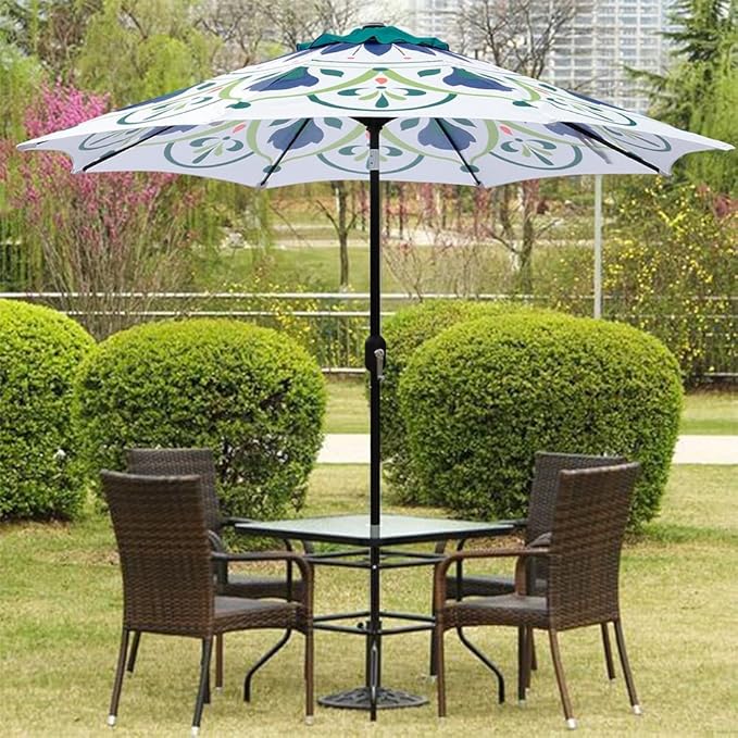 ABBLE Outdoor Patio Umbrella 9Ft Crank & Tilt Printed Market Umbrella for Picnic Table, Pool, Garden, Deck, Backyard and Beach