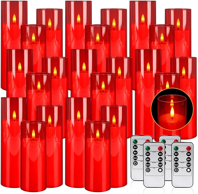 24-Pack Red Flameless LED Candles - Remote Control & Timer, Realistic Flickering for Chinese New Year Decor, Valentine's Day, Romantic Home Ambiance, Fireplace Mantel & Festive Centerpieces