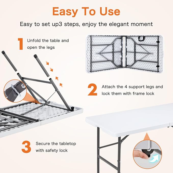 Sweetcrispy 8 FT Folding Picnic Table Easy to Fold and Store, Foldable Table for Camping Picnic Dining Party Kitchen Outdoor Indoor with Carrying Handle