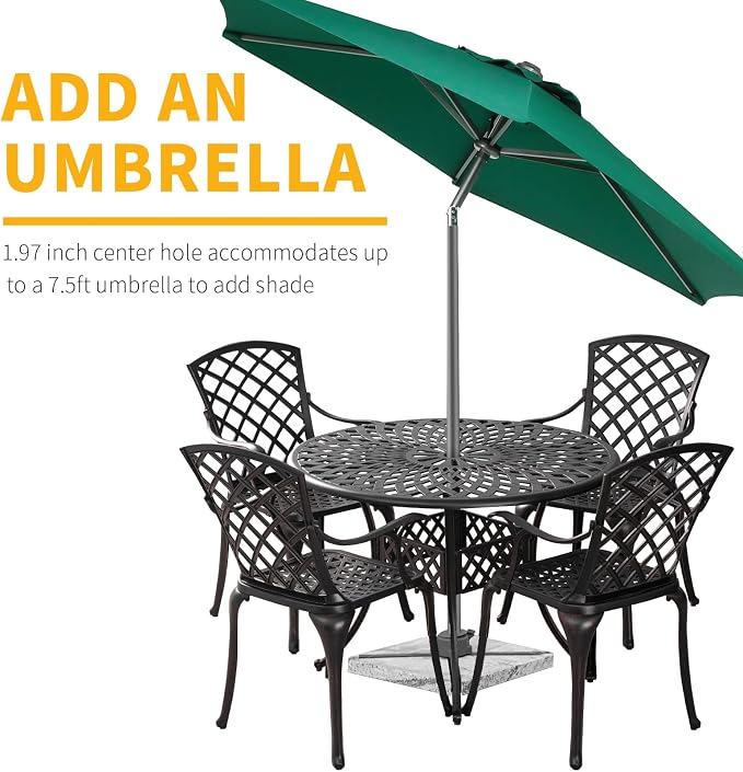 5 Pieces Outdoor Patio Dining Set, Cast Aluminium Patio Furniture Set with 4 Chairs Round Table, Anti Rust Outdoor Dining Set with 1.97" Umbrella Hole for Garden, Porch and Poolside, Bronze