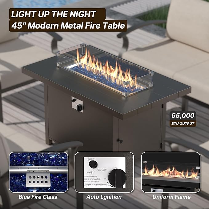 Gotland Aluminum Patio Furniture Set with Fire Pit Table, Metal Patio Furniture with 12 Seats Waterproof 5.1'' Seat Cushions, Oversized Outdoor Sectional Conversation Sets for Balcony Porch Khaki