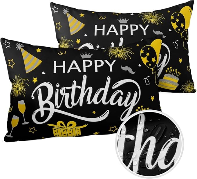 Prime Leader Outdoor Waterproof Pillow Covers Set of 2, Happy Birthday Cake Firwoks Black Patio Throw Pillow Covers, Decorative Cushion Case for Couch Sofa Furniture Garden, 20x12 Inch