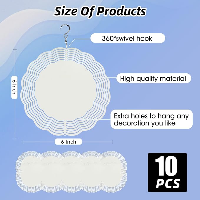CHONOVO 10 Pack 6 Inch Sublimation Wind Spinner Blank | Double-Sided Sublimation, 3D Aluminum Metal, Easy Heat Transfer, Includes Hooks for Hanging Yard, Garden & Porch Decoration