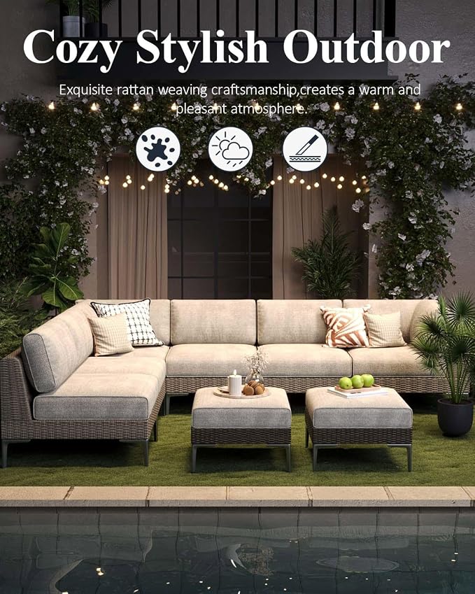 LayinSun 9-Piece Wicker Rattan Patio Furniture Set, Deep Seating Outdoor Modular Sectional Sofa Conversation Set with Thick Cushions for Lawn, Garden