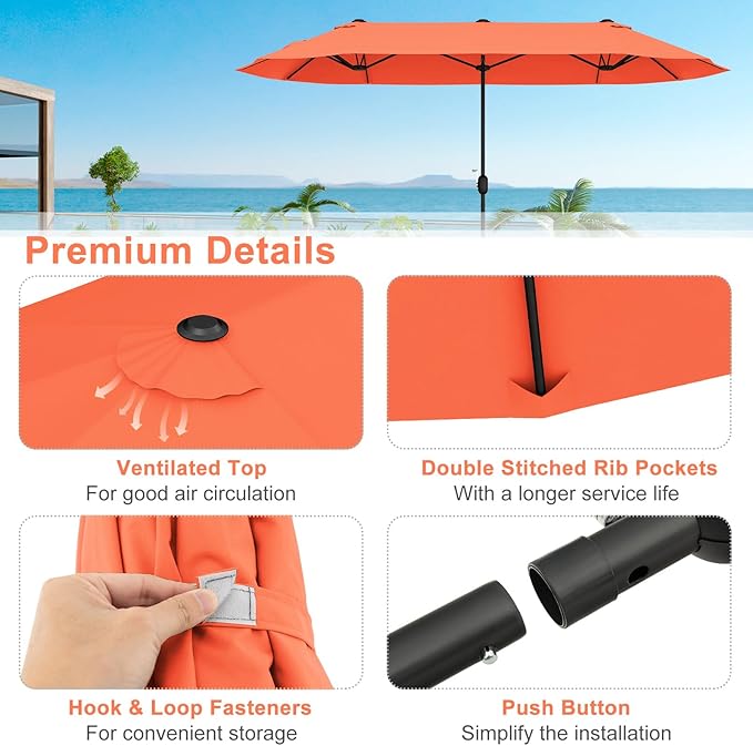 Giantex Patio Umbrella with Base, Double-Sided Outdoor Umbrella with Crank Handle, Umbrella Base Stand with 2 Sandbags, 12 Metal Ribs, Market Umbrellas for Garden Poolside Deck